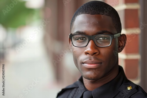 Young Security Guard Portrait in Black Uniform and Glasses photo