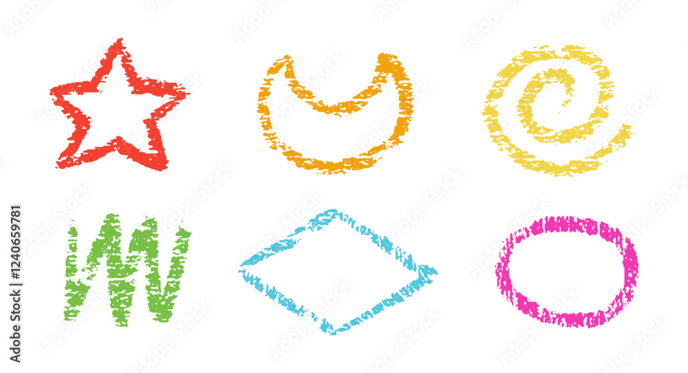 Charcoal color geometric shapes. Hand drawn kid pencil or crayon texture. Chalk geometric figures, rhombus, circle, spiral, zigzag, star and polygon in childish style. Charcoal color geometric shapes. Hand drawn kid pencil or crayon texture. Chalk geometric figures, rhombus, circle, spiral, zigzag, star and polygon in childish style.