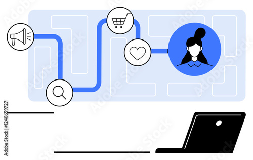 Flow path connecting magnifying glass, megaphone, cart, heart icons to user profile on a laptop. Ideal for marketing analysis, customer experience, user journey, online shopping, engagement audience