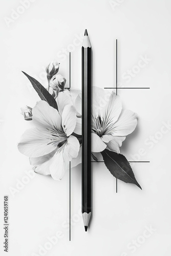 Elegant minimalist collage featuring a mechanical pencil and floral elements on a white background