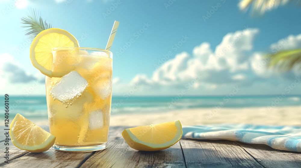 Obraz premium A glass of lemon lemonade with ice cubes, lemon wedges, and a mint garnish, placed on a wooden table outdoors with sunlight filtering through the leaves.