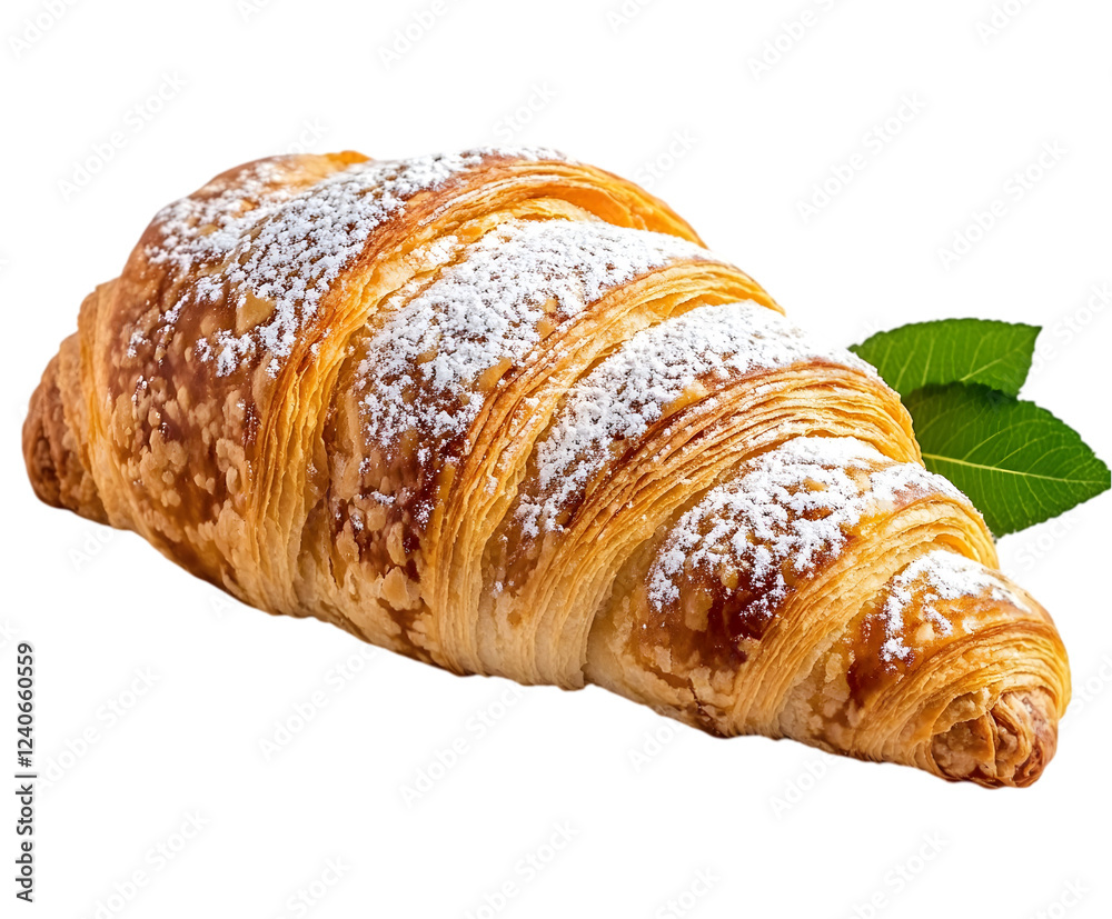 A delicate almond croissant, with a dusting of powdered sugar, placed on a white table. Transparent background
A delicate almond croissant, with a dusting of powdered sugar, placed on a white table. Transparent background