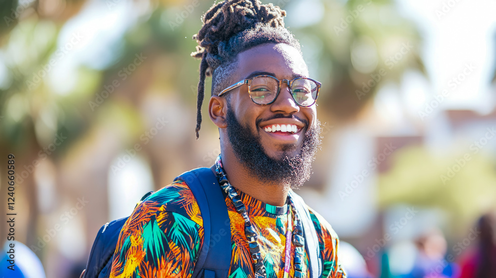 Fototapeta premium Joyful Man with Dreadlocks and Vibrant Shirt
