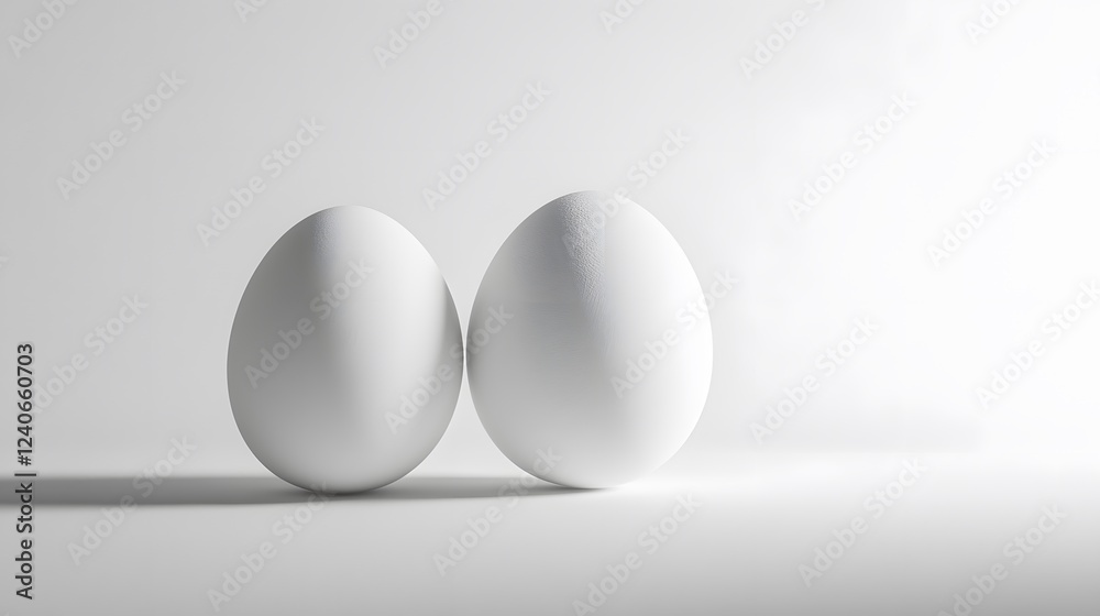 Two White Eggs Resting Side By Side On White Background Two White Eggs Resting Side By Side On White Background