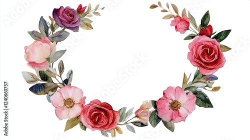 Colorful watercolor floral wreath with roses, peonies, and green leaves, botanical art, isolated on white
