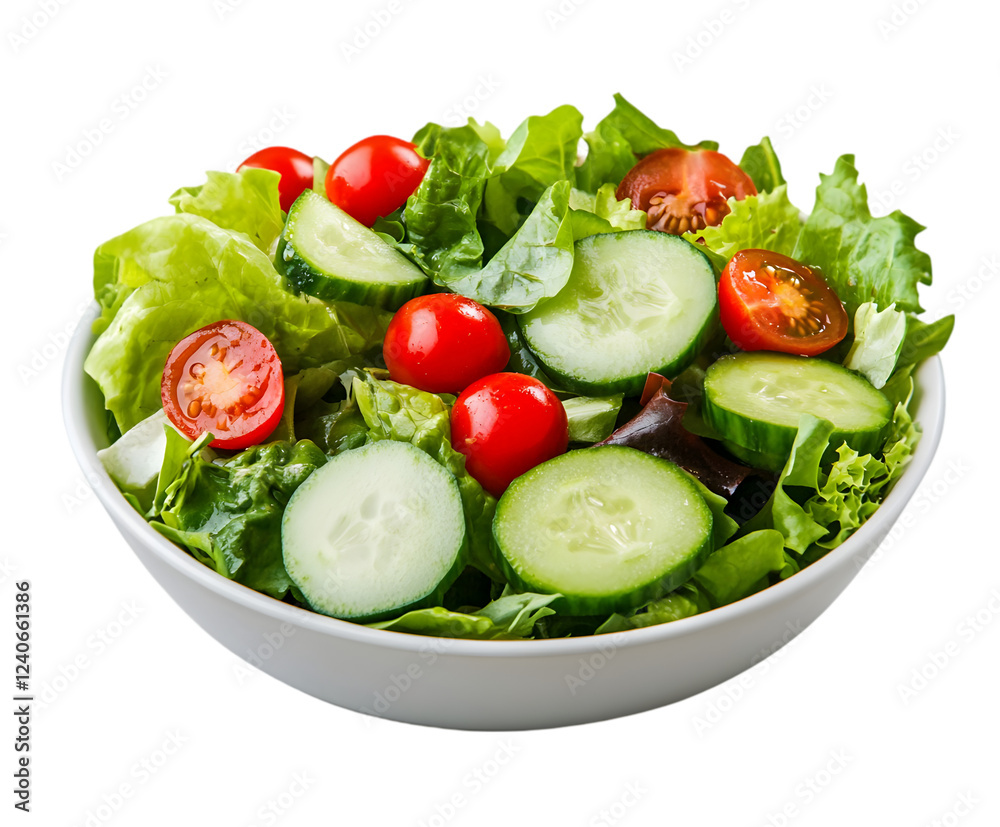 A vibrant green salad with mixed lettuce, cucumbers, and cherry tomatoes, served in a white bowl. Transparent background
A vibrant green salad with mixed lettuce, cucumbers, and cherry tomatoes, served in a white bowl. Transparent background