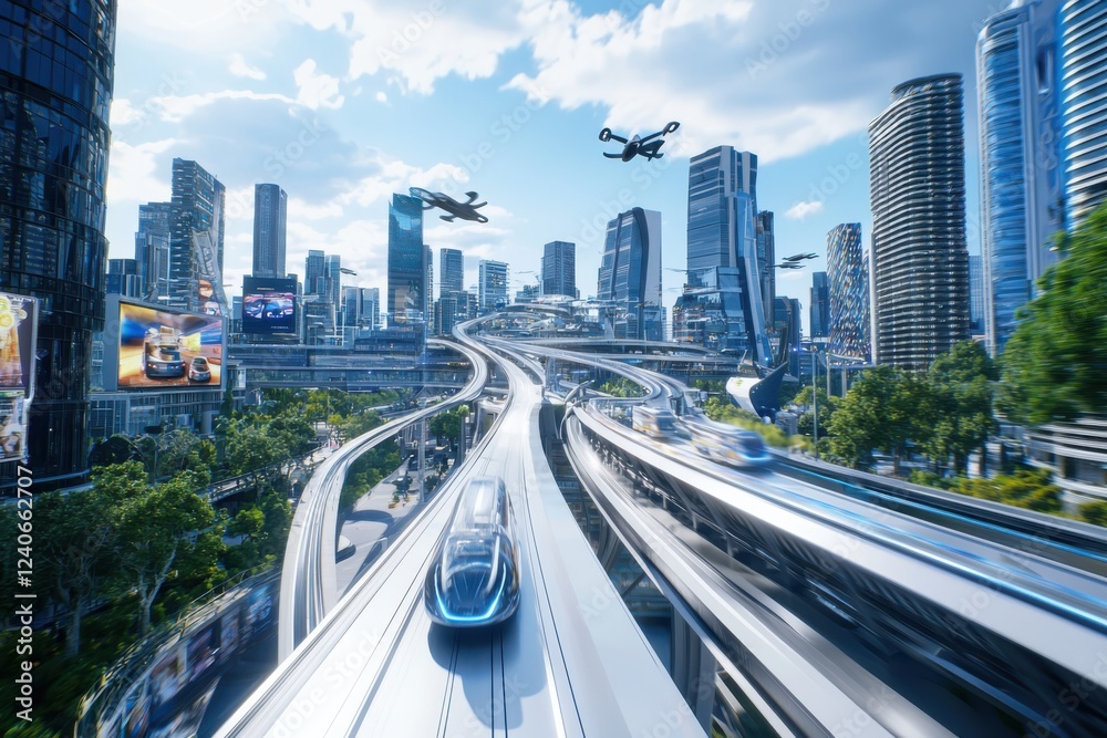 Fototapeta premium Futuristic transportation hub showcasing flying cars and high-speed trains in a vibrant urban environment