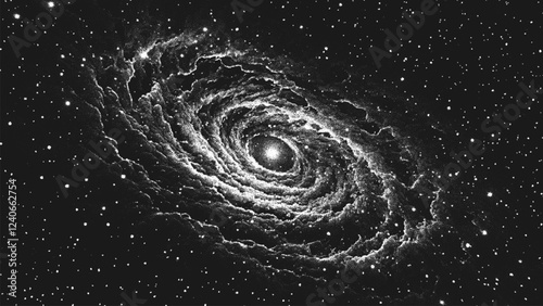 The birth of solar system begins from swirling stardust in infinite darkness. Young star brightly burns in in deep space and gravity twists cosmic matter into glowing spiral vortex. Vector background