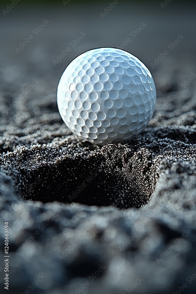 A golf ball lodged in a sand pit, perfect for sports and leisure imagery A golf ball lodged in a sand pit, perfect for sports and leisure imagery