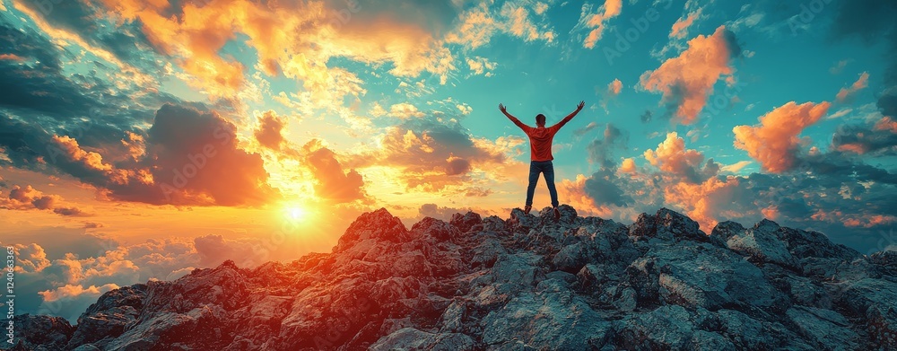 A man leaps with joy above a sunsetting mountainous landscape, radiating freedom and adventure. This vibrant scene is ideal for travel blogs, motivational content, adventure sports advertising, and A man leaps with joy above a sunsetting mountainous landscape, radiating freedom and adventure. This vibrant scene is ideal for travel blogs, motivational content, adventure sports advertising, and