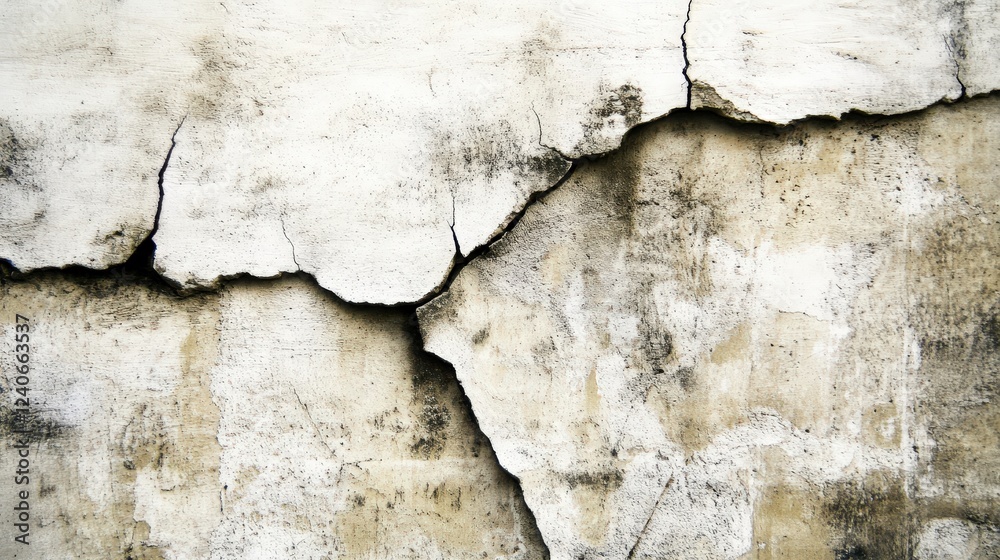 Obraz premium Detailed view of a weathered and cracked concrete wall, showcasing the effects of time and age on an old building's exterior.