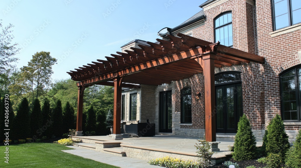 Brick home with a newly installed wooden awning on the side. Brick home with a newly installed wooden awning on the side.