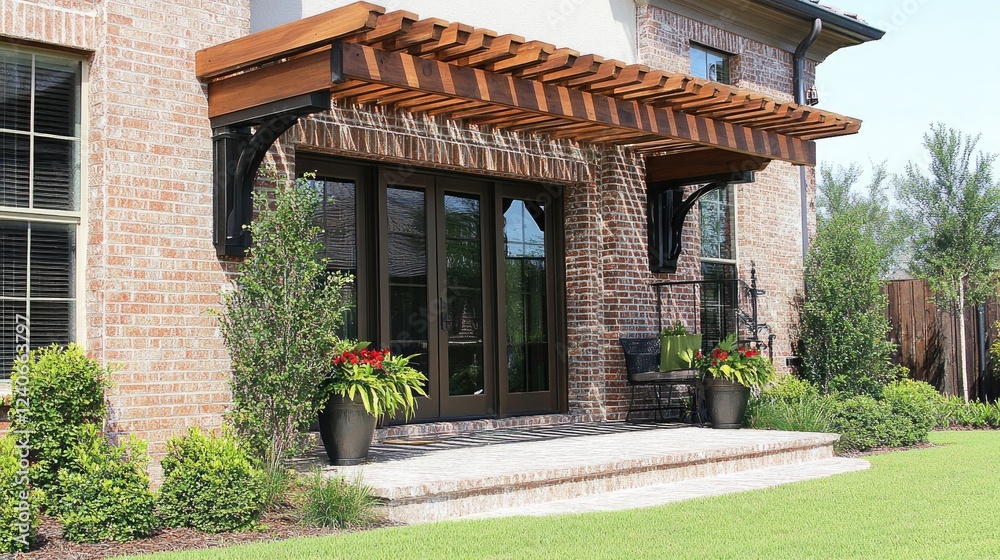 Brick home with a newly installed wooden awning on the side. Brick home with a newly installed wooden awning on the side.