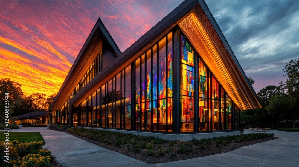 A modern church with unique angular architecture and large stained glass windows, captured at sunrise A modern church with unique angular architecture and large stained glass windows, captured at sunrise