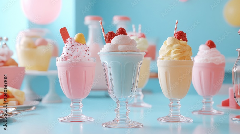 Pastel Ice Cream Sundaes on Blue Table Pastel Ice Cream Sundaes on Blue Table