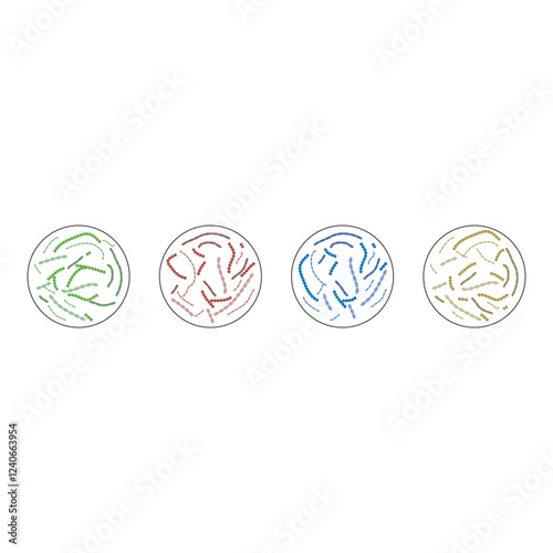 Set of 4 petri dish colorful icons with bacteria, simple vector illustration design. Medical cartoon symbol to use in websites, lectures, presentations, etc.