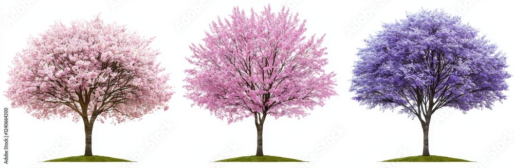 Obraz premium Pink blooming front view of Cornus florida (flowering dogwood) trees set on a street in summer, isolated with a transparent background, perfectly cutout