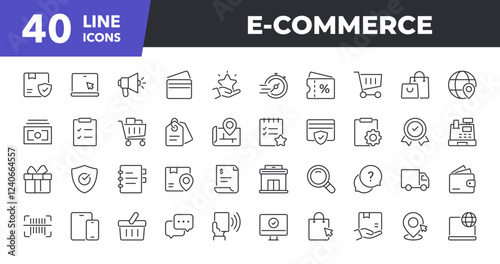 E-Commerce Line Icon Set. Contains such icons as Shopping, Retail Store, Delivery, Payment. Vector illustration