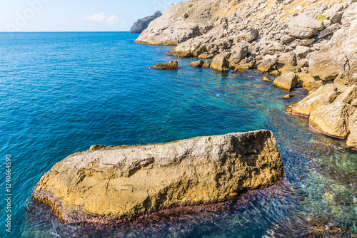 Views from the Golitsyn Trail - a mountain trail carved on the slope of Mount Koba-Kaya, located along the coastline southwest of the village of Novy Svet, Crimea, Russia