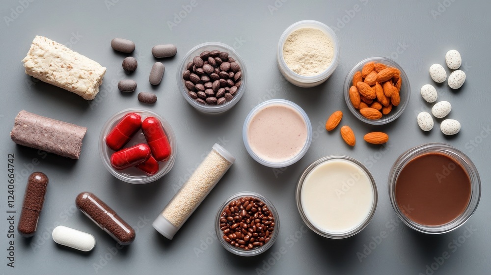 A flat lay of protein bars, smoothies, and supplements for weight loss A flat lay of protein bars, smoothies, and supplements for weight loss