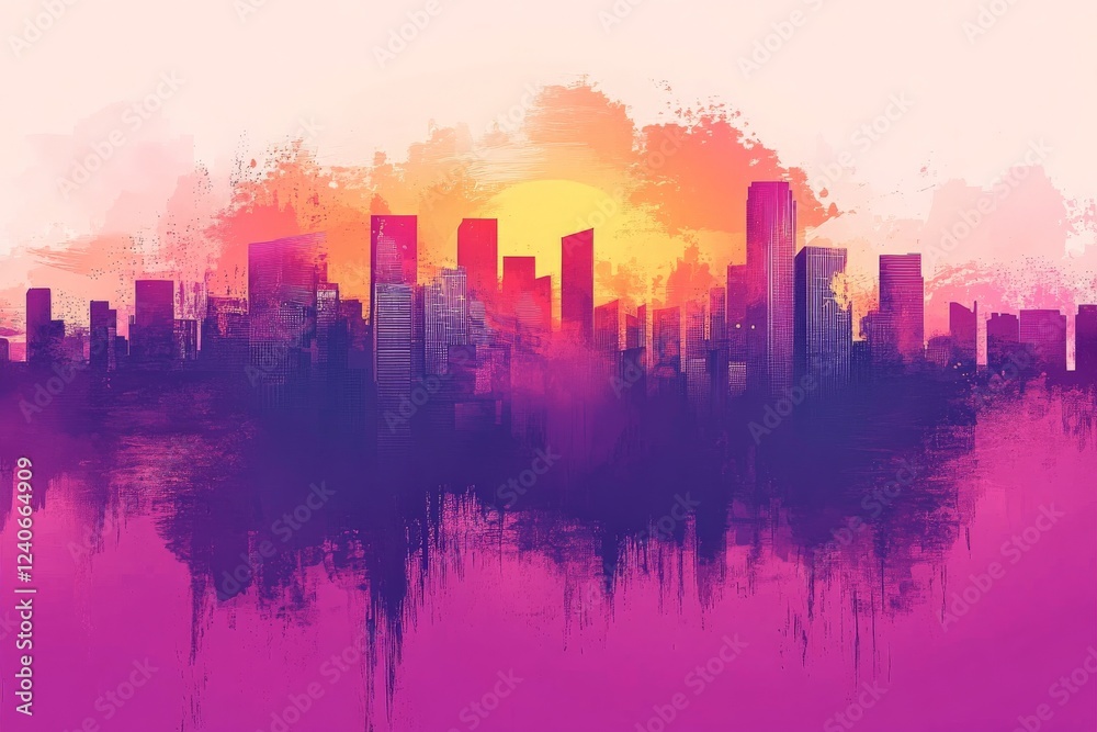 Fototapeta premium Vibrant city skyline at sunset with warm hues blending into a colorful horizon