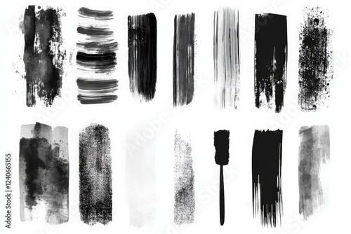 Black and white brush strokes showcasing various artistic techniques and textures on a clean white background