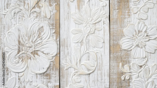 Vintage White Floral Wood Paneling Wall Art.  Elegant and ornate floral carvings on distressed whitewashed wood panels. A beautiful and charming addition to any room.