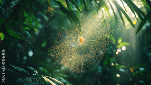  Golden Orb Weaver in a Tropical Forest: A stunning shot of a golden orb-weaving spider spinning silk in a dense jungle, with sunlight filtering through the trees, illuminating the golden threads of i photo