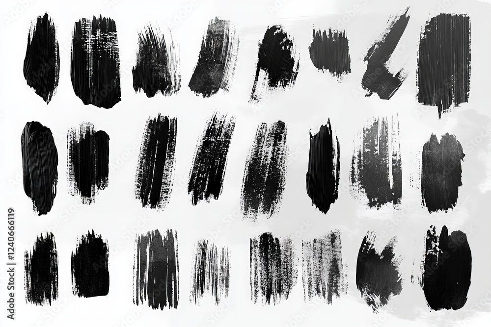 Various black paint strokes on a white background showcasing artistic textures and techniques for creative projects Various black paint strokes on a white background showcasing artistic textures and techniques for creative projects