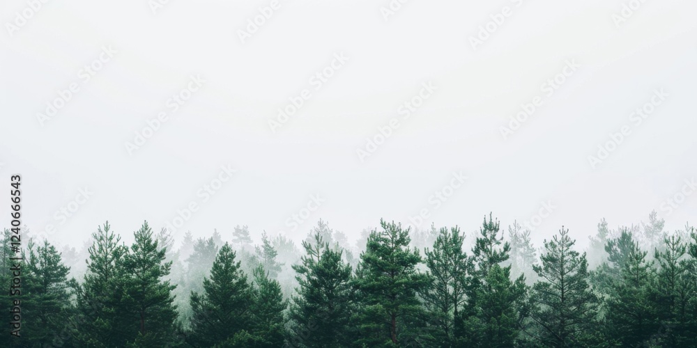 Fototapeta premium A tranquil forest landscape against a stark white backdrop, Minimalist trees and serene atmosphere, Forest minimalist style