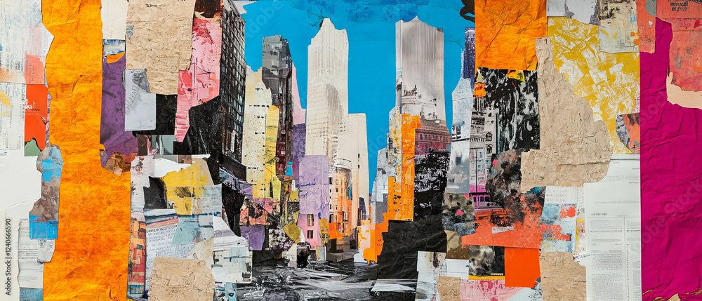 Fototapeta premium Mixed media collage representing an urban landscape with vibrant textures and colors