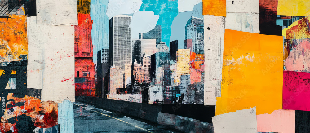 Fototapeta premium Mixed media collage showcasing city life with vibrant textures and playful elements