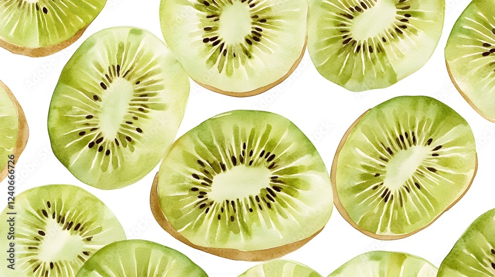 Watercolor Painting of Sliced Kiwi Fruit