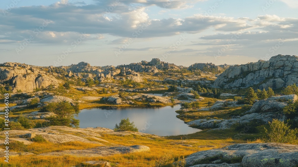 Serene Landscape with Rocky Terrain and Reflective Water Body Serene Landscape with Rocky Terrain and Reflective Water Body
