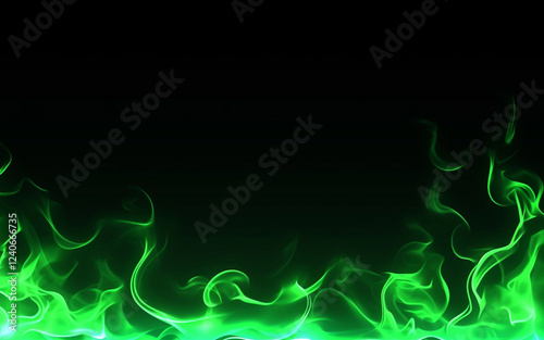 Green flames on black background, smoke, glow