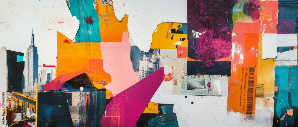 Fototapeta premium Playful mixed media collage exploring urban themes with vibrant colors and textures