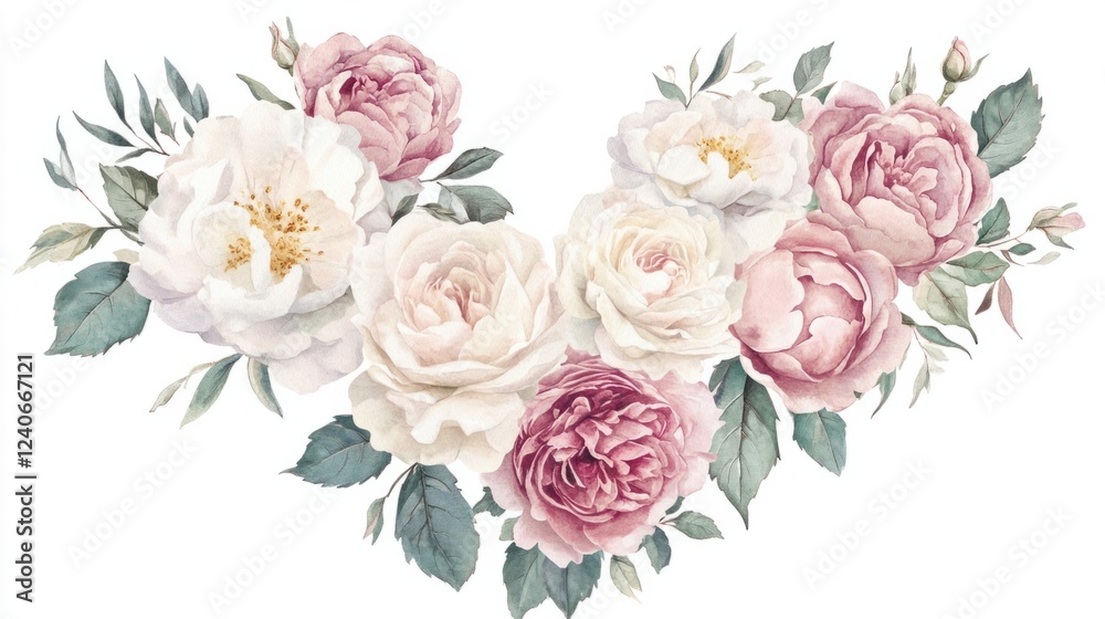 Naklejka premium Whimsical watercolor floral heart made of roses and peonies, romantic botanical design, isolated on white