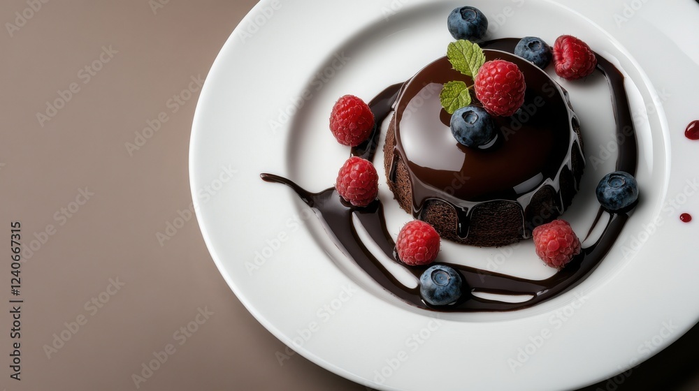 Fototapeta premium Dark chocolate cake topped with a glossy glaze, garnished with fresh raspberries and blackberries.