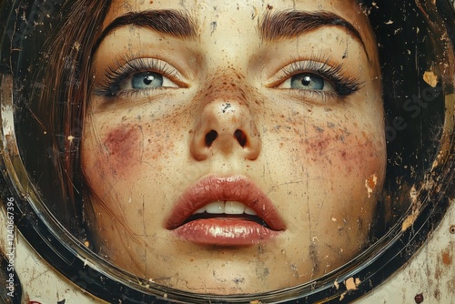 Beauty and resilience of a young woman with freckles reflecting on her life through an astronaut helmet