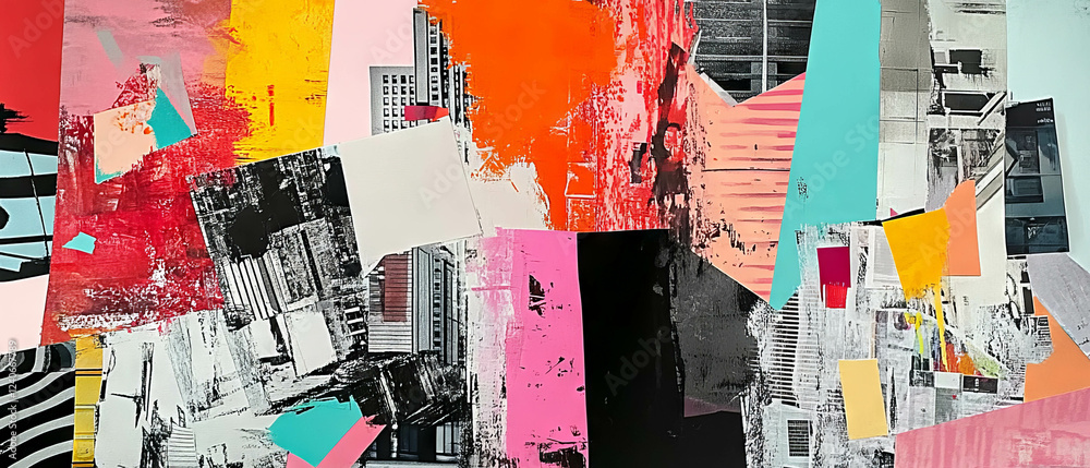 Fototapeta premium Minimalistic mixed media collage showcasing urban elements and vibrant textures