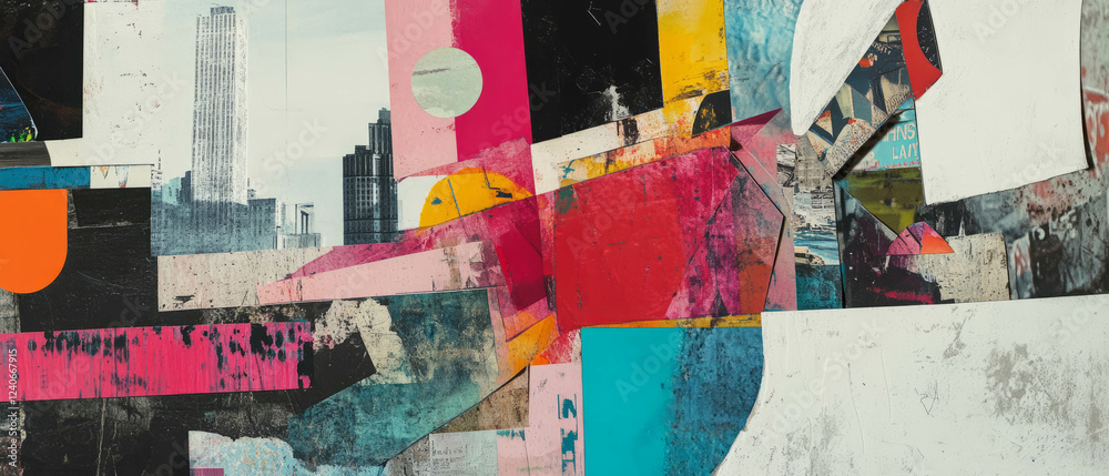 Fototapeta premium Minimalistic mixed media collage capturing urban textures and vibrant colors