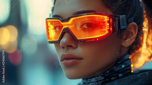 Futuristic female cyborg glowing orange and red panels mechanical detailing across neck and face reflective sunglasses seamless wires photorealistic blend of human and machine blurred backdrop