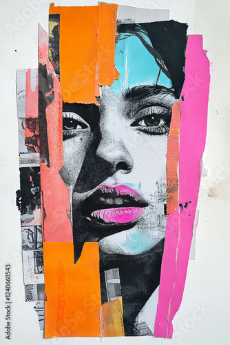 Expressive minimalistic mixed media collage with vibrant color contrasts and textures