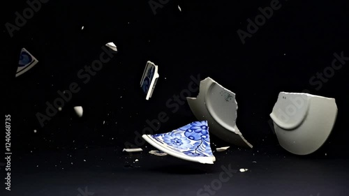 Slow-motion footage of a hand-painted plate breaking on impact with the floor. Shards fly outward, set against a sleek matte black surface.
