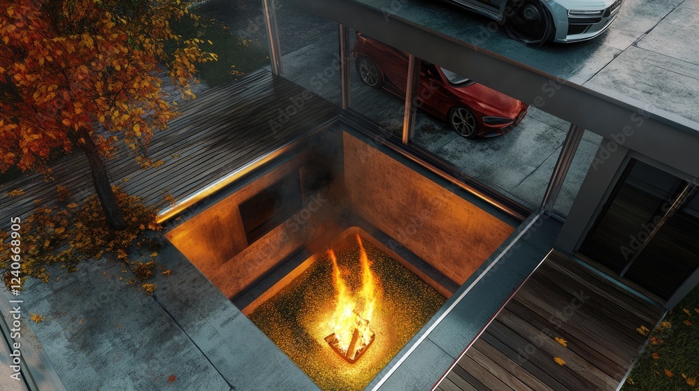 Indoor fireplace integrated into a converted parking space design. Indoor fireplace integrated into a converted parking space design.