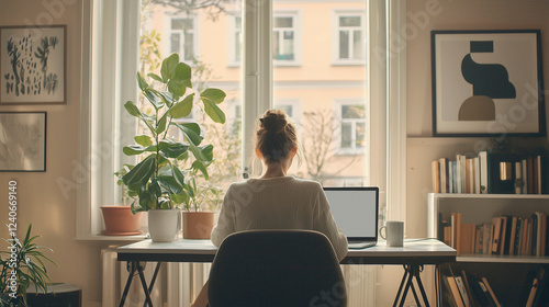 Hell und gemütlich eingerichtetes Homeoffice mit Laptop, ergonomischem Bürostuhl und Zimmerpflanzen vor einem großen Fenster, modernes skandinavisches Design mit natürlichem Lichteinfall