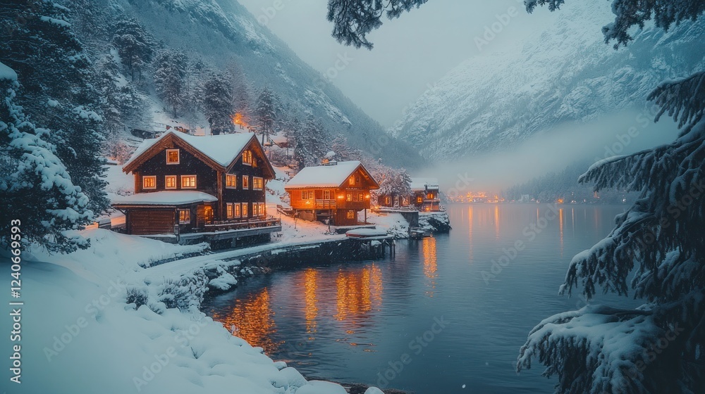 Fototapeta premium Snowy mountain lake village night scene