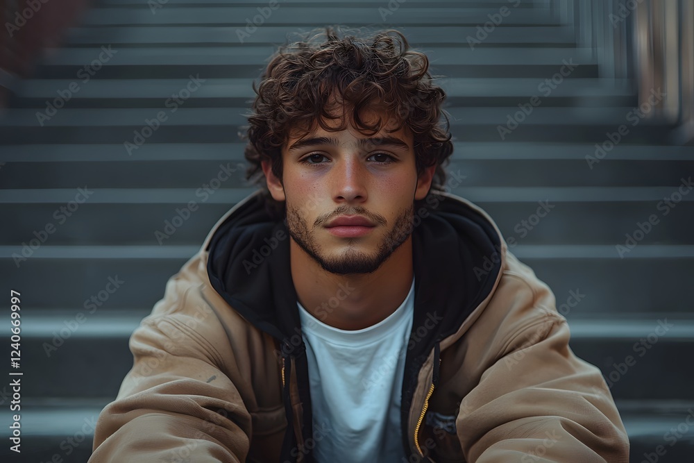 Fototapeta premium Brooding Teen Skateboarder Sitting on Urban Steps Backdrop