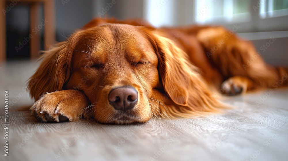 A golden retriever dog resting on the floor, separated from other elements by a white background A golden retriever dog resting on the floor, separated from other elements by a white background