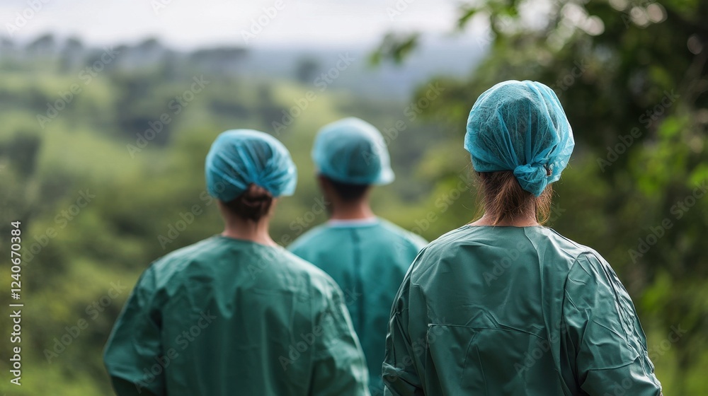 Medical Professionals Contemplating Serene Landscape Medical Professionals Contemplating Serene Landscape